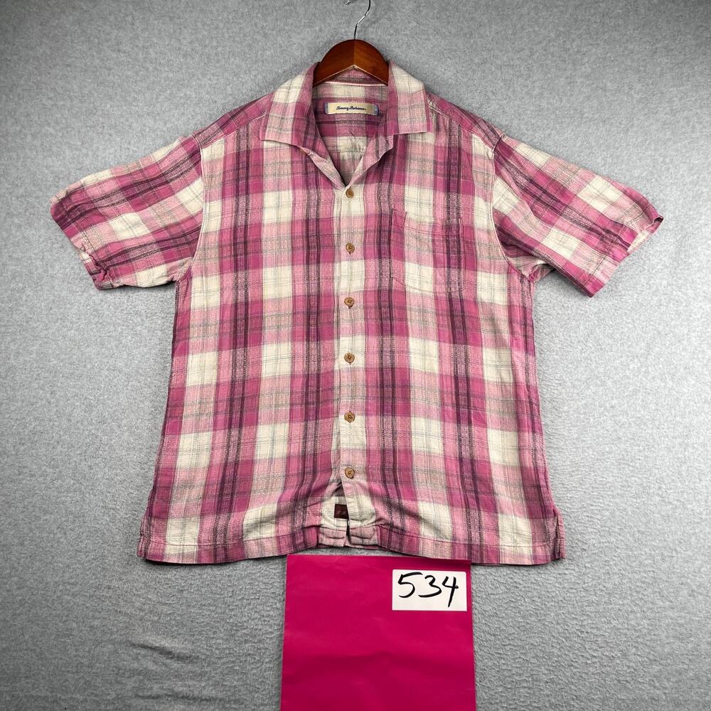 Tommy Bahama Short Sleeve Button Up Beach Shirt Large Magenta Plaid Casual